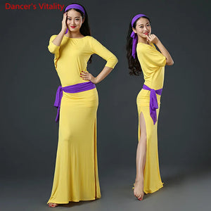 Belly Dance Dress Women's Black & Pink Long Sleeve Side Slit Baladi Saidi Folkloric Dress with Headband and Hip Scarf