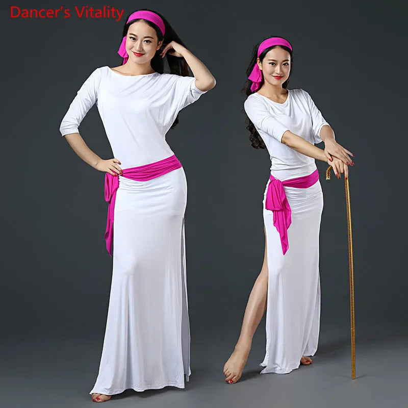 Belly Dance Dress Women's Black & Pink Long Sleeve Side Slit Baladi Saidi Folkloric Dress with Headband and Hip Scarf