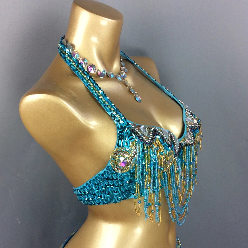 Belly Dance Bra Top Women's Fuchsia Beaded Sequin Halter Neck with Draped Chains and Rhinestones