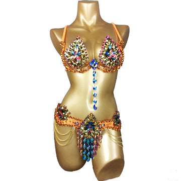 Belly Dance Costume, Women's Orange Sequin Rhinestone Bra and Belt Set with Draping Chains, Samba/Carnival/Burlesque Dancewear