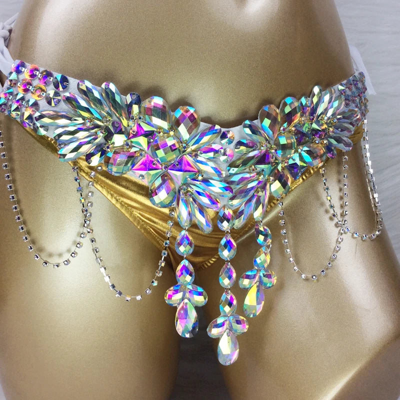Rhinestone Iridescent Crystal Embellished Bra and Bikini Set for Carnival/Rave/Burlesque Dancing