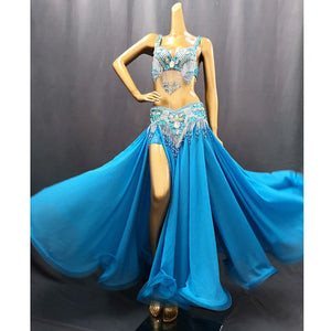 Belly Dance Costume Women Purple Beaded Bra & Slit Skirt Set Chiffon Tribal Dancewear