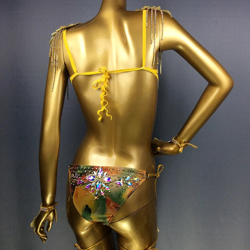 Rhinestone Carnival Bikini Set, Women's Gold Sparkle Crystal Embellished Bra and Bottoms with Shoulder Pads and Leg Bands, Samba Dance Costume