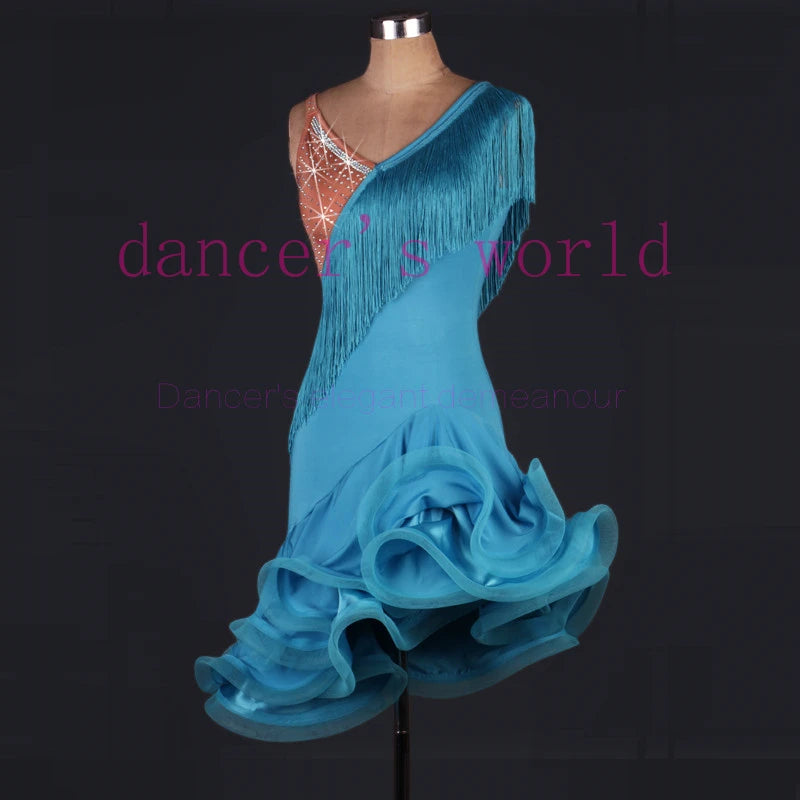 Women's Hot Pink Latin Dance Dress with Fringe, Rhinestones, and Ruffled Skirt