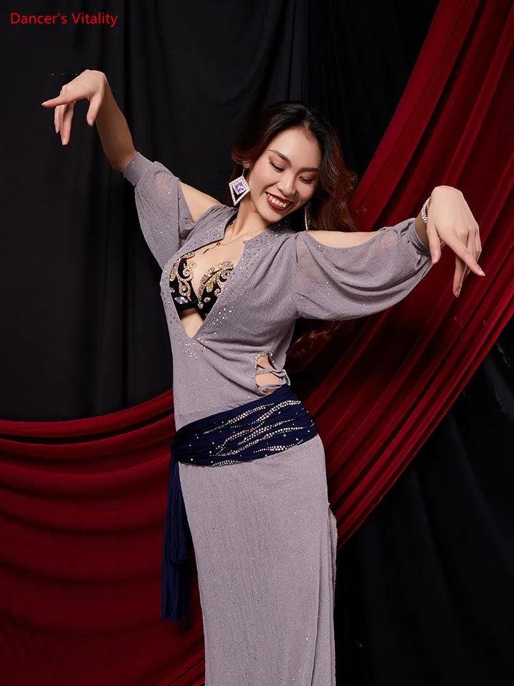 Belly Dance Dress Women's White Long Sleeve Sequin Sash Slit Skirt Set
