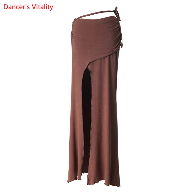 Belly Dance Skirt, Women's, Burgundy, High Slit Tie-Waist Ruched Maxi Skirt, Belly Dance