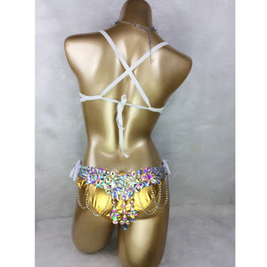 Rhinestone Iridescent Crystal Embellished Bra and Bikini Set for Carnival/Rave/Burlesque Dancing