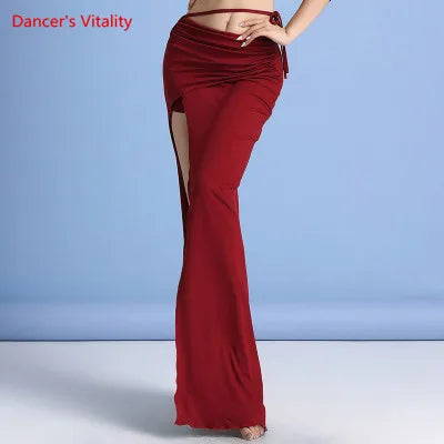 Belly Dance Skirt, Women's, Burgundy, High Slit Tie-Waist Ruched Maxi Skirt, Belly Dance