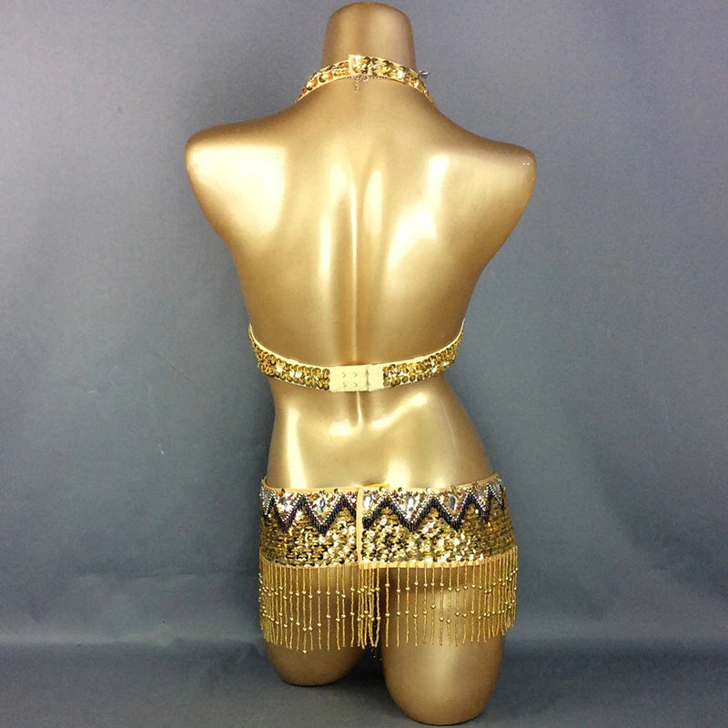 Belly Dance Costume Women Gold Sequin Beaded Fringe Halter Top and Belt Set with Rhinestone Necklace
