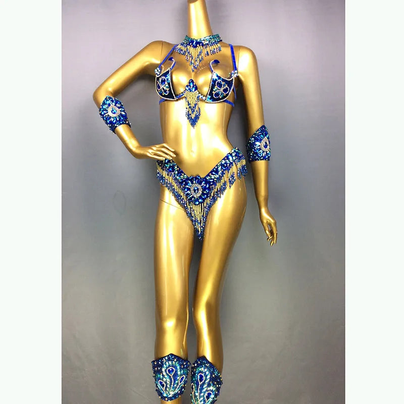 Women's Red Sequin Beaded Fringe Samba Belly Dance Costume Set