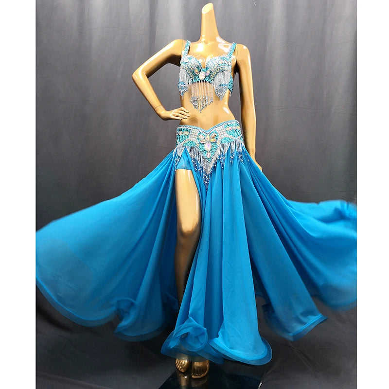 Belly Dance Costume Women Purple Beaded Bra & Slit Skirt Set Chiffon Tribal Dancewear