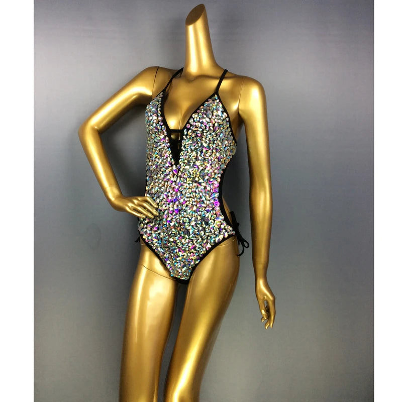 Bodysuit Women's Iridescent Sequin Rhinestone Halter V-Neck Side Tie Leotard, Stage Performance Dancewear