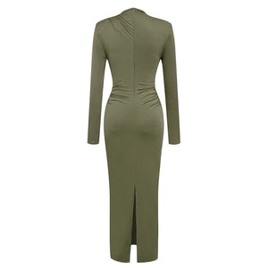 Olive Green Long Sleeve High-Neck Dress with Pleated and Hollow Design