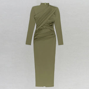 Olive Green Long Sleeve High-Neck Dress with Pleated and Hollow Design