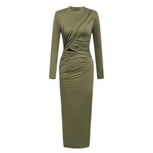 Olive Green Long Sleeve High-Neck Dress with Pleated and Hollow Design