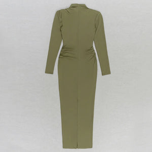 Olive Green Long Sleeve High-Neck Dress with Pleated and Hollow Design