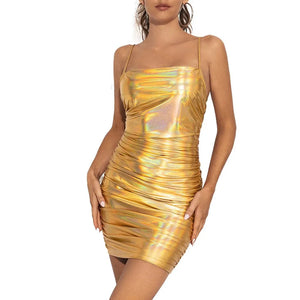 Holographic Metallic Folded Bodycon Mini Dress Sleeveless Strap Cami Evening Wedding Banquet Multi-Color S-7XL