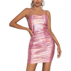 Holographic Metallic Folded Bodycon Mini Dress Sleeveless Strap Cami Evening Wedding Banquet Multi-Color S-7XL