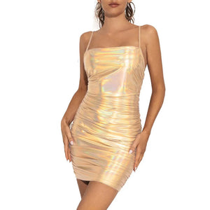 Holographic Metallic Folded Bodycon Mini Dress Sleeveless Strap Cami Evening Wedding Banquet Multi-Color S-7XL