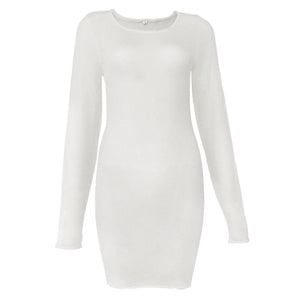 Jumper White Sheer Mini Dress Translucent Weave Round Neck Long Sleeves Bodycon Soft Clubwear