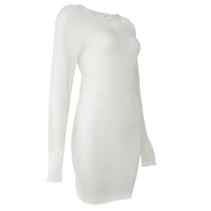 Jumper White Sheer Mini Dress Translucent Weave Round Neck Long Sleeves Bodycon Soft Clubwear