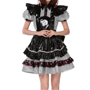 Unisex Lockable PVC French Maid Dress with Puff Sleeves, Lace, and Apron - Short Sleeve Cosplay Costume, Multi-Color Options, S-7XL