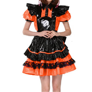 Unisex Lockable PVC French Maid Dress with Puff Sleeves, Lace, and Apron - Short Sleeve Cosplay Costume, Multi-Color Options, S-7XL