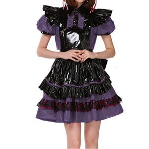 Unisex Lockable PVC French Maid Dress with Puff Sleeves, Lace, and Apron - Short Sleeve Cosplay Costume, Multi-Color Options, S-7XL