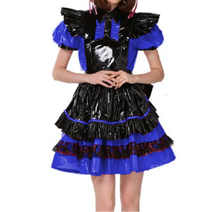 Unisex Lockable PVC French Maid Dress with Puff Sleeves, Lace, and Apron - Short Sleeve Cosplay Costume, Multi-Color Options, S-7XL