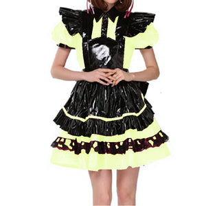 Unisex Lockable PVC French Maid Dress with Puff Sleeves, Lace, and Apron - Short Sleeve Cosplay Costume, Multi-Color Options, S-7XL