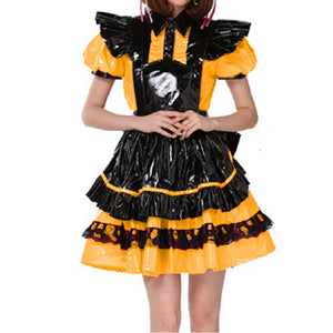 Unisex Lockable PVC French Maid Dress with Puff Sleeves, Lace, and Apron - Short Sleeve Cosplay Costume, Multi-Color Options, S-7XL