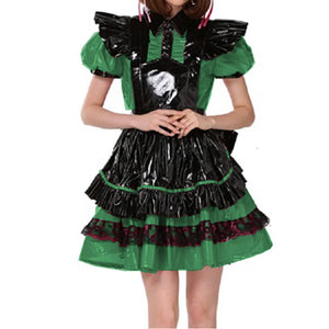 Unisex Lockable PVC French Maid Dress with Puff Sleeves, Lace, and Apron - Short Sleeve Cosplay Costume, Multi-Color Options, S-7XL