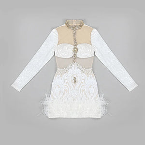 Women's Elegant White Feather and Sequin Mini Dress with Turtleneck and Long Sleeves for Party Clubwear