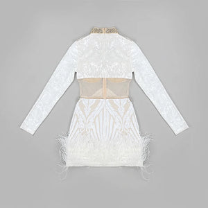 Women's Elegant White Feather and Sequin Mini Dress with Turtleneck and Long Sleeves for Party Clubwear