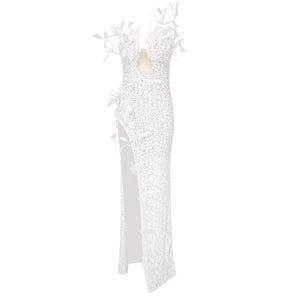 Elegant Strapless Sequin Dress with Pearl Beading, Feather Accents, and Side Split