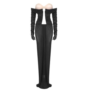 Black Sheer Long Dress with Attached Gloves and Plunging Neckline