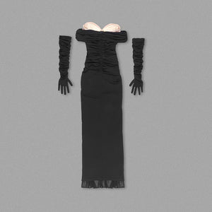 Black Sheer Long Dress with Attached Gloves and Plunging Neckline