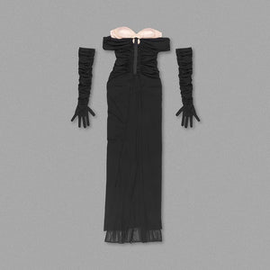 Black Sheer Long Dress with Attached Gloves and Plunging Neckline