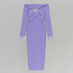 Elegant Off-Shoulder Purple Midi Dress with Hollow Chest Detail and Long Feathered Sleeves