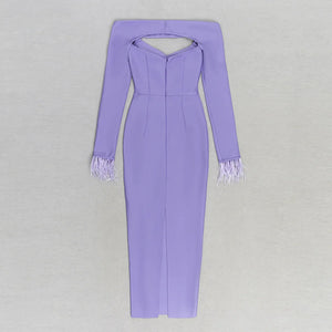 Elegant Off-Shoulder Purple Midi Dress with Hollow Chest Detail and Long Feathered Sleeves