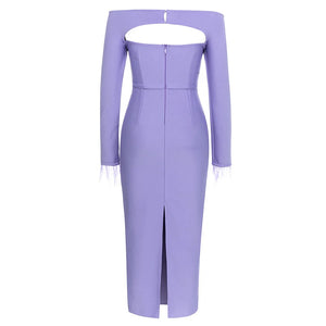 Elegant Lavender Off-Shoulder Long Sleeve Dress with Hollow Cut-Out and Feather Details