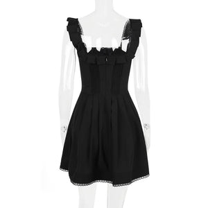 Elegant Black Ruffled Lace Sling Dress with Slim Backless Design