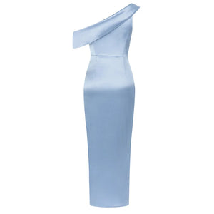 Elegant Blue One-Shoulder Satin Dress with Asymmetrical Hem and Side Zipper