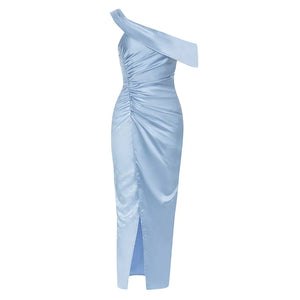 Elegant Blue One-Shoulder Satin Dress with Asymmetrical Hem and Side Zipper