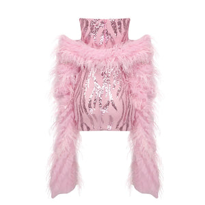 Pink Feather Shawl with Diamond Corset and Sequin Mini Dress