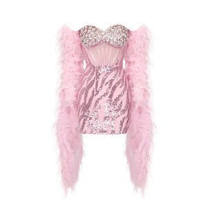 Pink Feather Shawl with Diamond Corset and Sequin Mini Dress