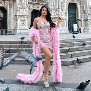 Pink Feather Shawl with Diamond Corset and Sequin Mini Dress