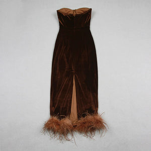 Velvet Feather-Trim Strapless Tube Dress with Slit Detail