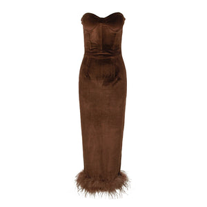 Velvet Feather-Trim Strapless Tube Dress with Slit Detail