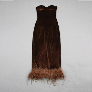 Velvet Feather-Trim Strapless Tube Dress with Slit Detail